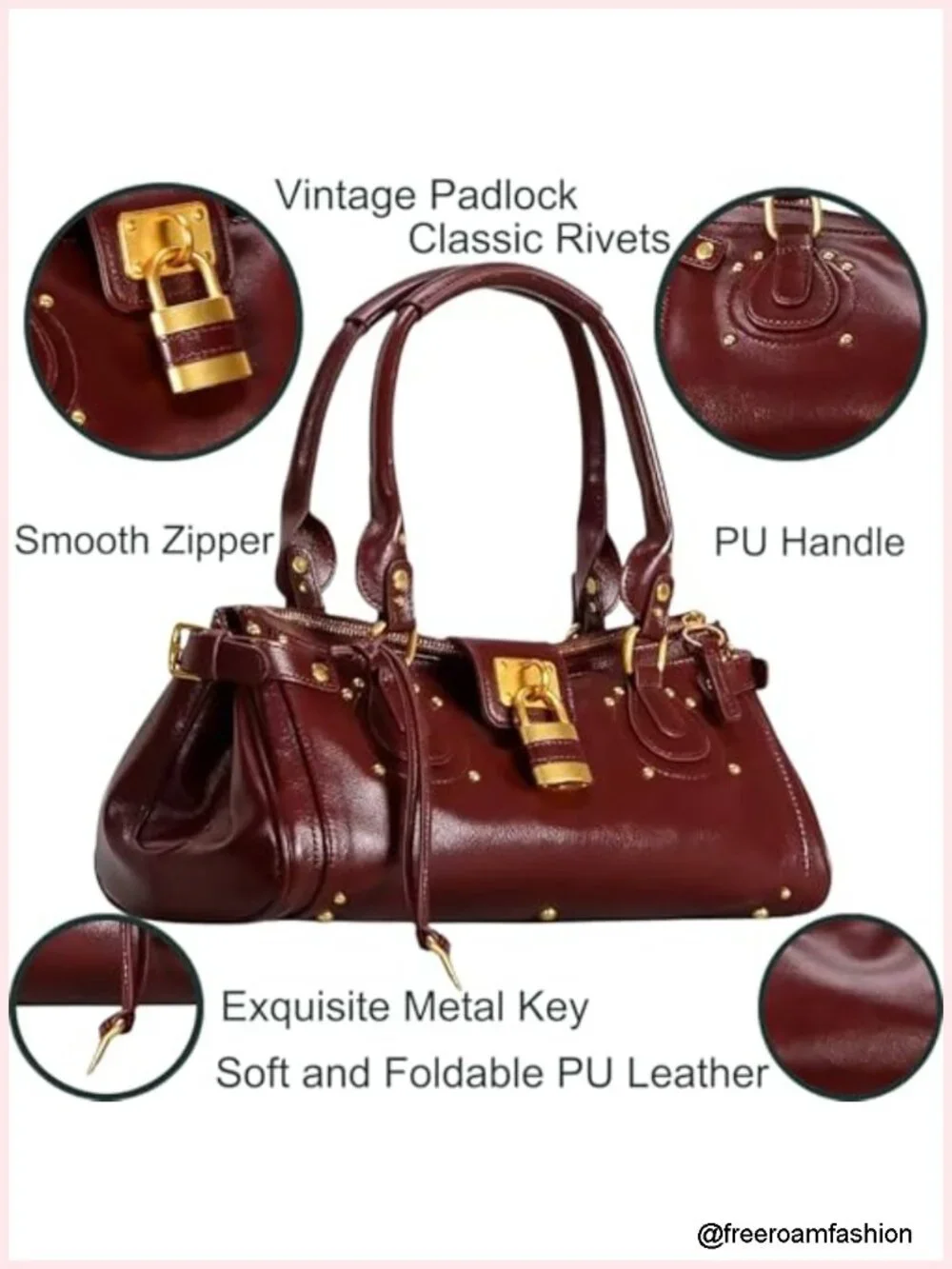PU Leather Vintage Y2K Lock East West Bag Top Handle Handbag Studded Underarm